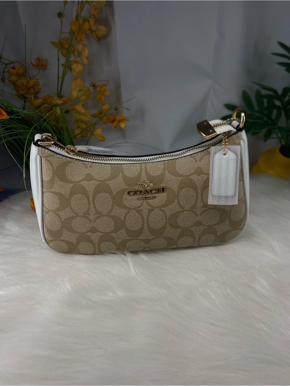 Coach Beige Signature Mini Shoulder Bag with White Trim